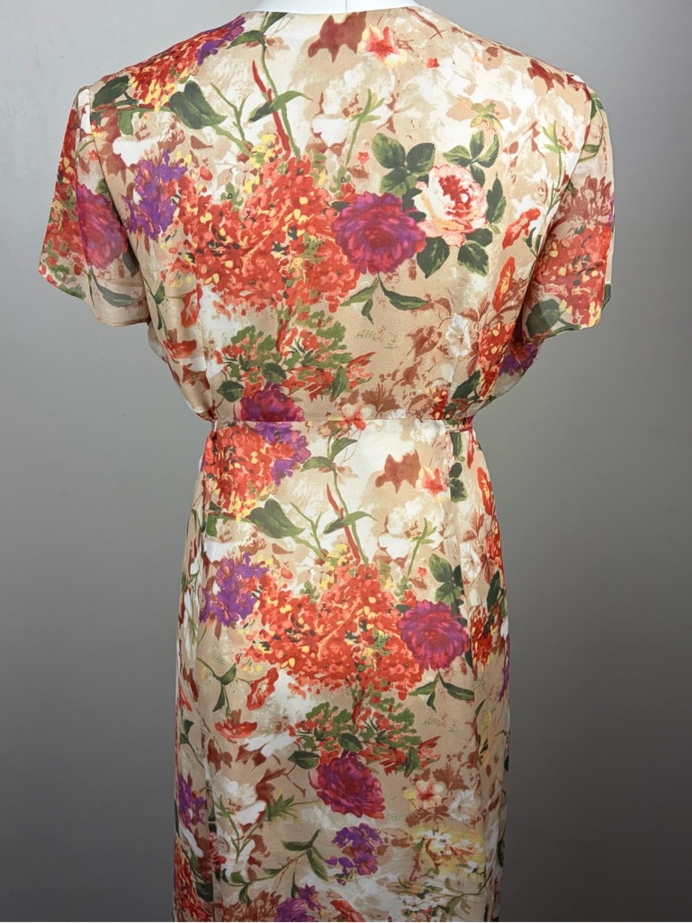 Coldwater Creek Silk 14P Floral Cream Midi Dress with Tie Waist Flaw - Picture 9 of 13